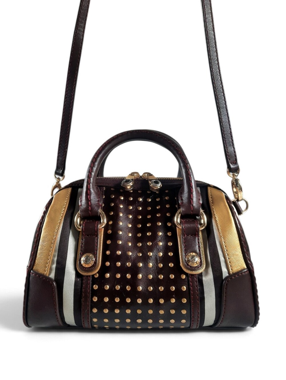 HENRI BENDEL Steampunk Studded Satchel Crossbody Barrel Bag Hold Plum Striped